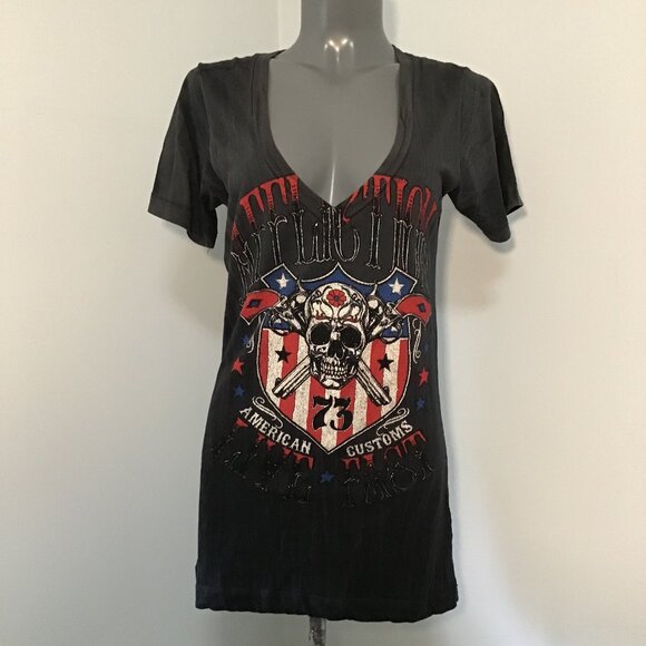 Affliction American Customs Live Fast Deep V-Neck T-Shirt Size L - Picture 1 of 12